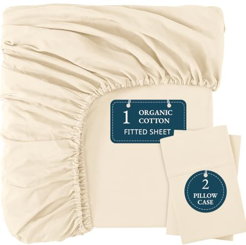 LANE LINEN Super King Fitted Sheet – 100% Organic Cotton, Soft & Breathable with 2 Pillowcases, 35cm Deep Pocket, All-Round Elastic Bottom Sheet - Ivory