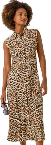 Roman Originals Animal Print Gathered Shirt Dress for Women UK - Ladies Everyday Holiday Spring Summer Shirt Style Collar Comfy Soft Evening Vacation Work Party - Tan - Size 16