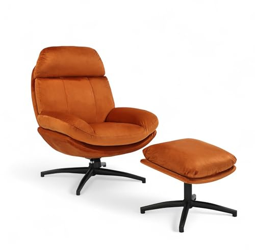 Velvet Orange Swivel Armchair and Footstool Set for Living Room - Comfy Padded Swivel Accent Chair with Footstool Set, Orange Spinny Chair No Wheels for Bedroom, Office, Relaxing - BRENNA