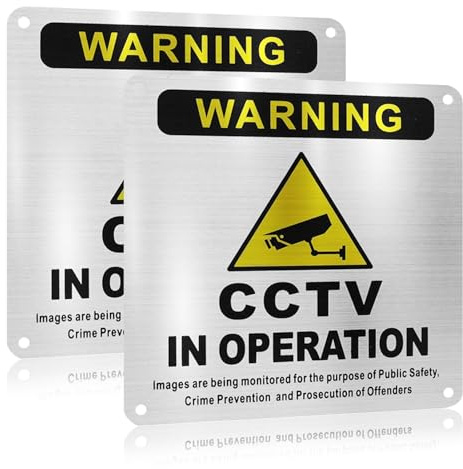 2 Pack CCTV in Operation Sign, 15 x 15cm Security Camera Warning | Self Adhesive Aluminum CCTV Signs for Store, Home, Office, Warehouse