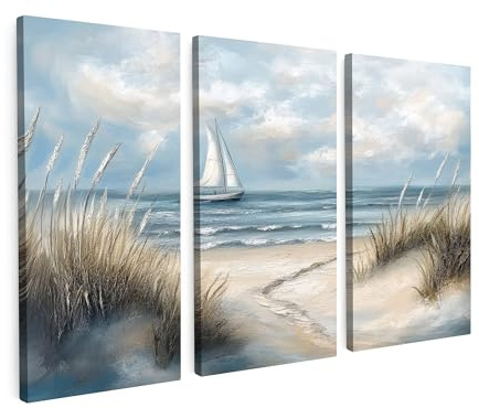 MuchoWow© Leinwand 3 Teilig Deko Schlafzimmer Aesthetic Mehrteilige | 120x80 cm - Wandbilder Gemälde Foto Living Room Decoration Wandbild-set Strand - Farbe - Natur - Boot