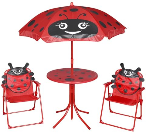 Teenpull Set di 3 bistrelli da giardino per bambini, rosso, con ombrellone, 2 sedie e tavolo, pieghevole, tubo in acciaio resistente, diametro 105 cm, per esterni, terrazza, balcone