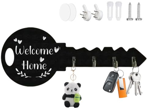 Wuneiox Key Holder Wall Mounted, Welcome Home Design Key Holder for Wall, Black Wooden Key Holder with 4 Hooks & 4 Adhesive Backing, Self Adhesive and Screw Mount, Decorative Key Rack for Front Door
