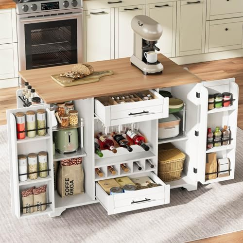 EURHCIO Îlot Central Cuisine avec Porte-Bouteille,Plan de Travail(D-Blanc) | Porte-Verres à vin,2 Tiroirs,Étagères Réglables,Étagère à épices,pour Cuisine
