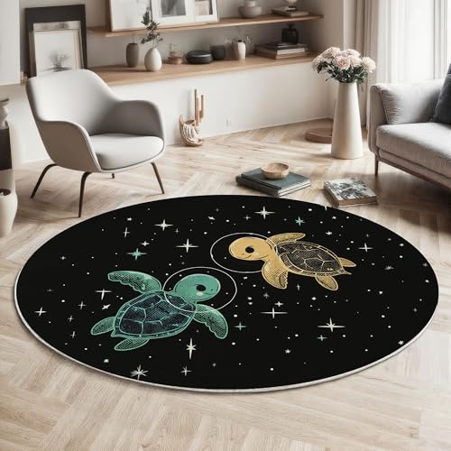 MIATCENRT Teppich Rund 100cm, Cartoon Druck Weltraum-Schwebende Schildkröte Teppich Wohnzimmer, Waschbar rutschfest Weich Kurzflor Runder Teppiche für Schlafzimmer Kinderzimmer, Schwarz