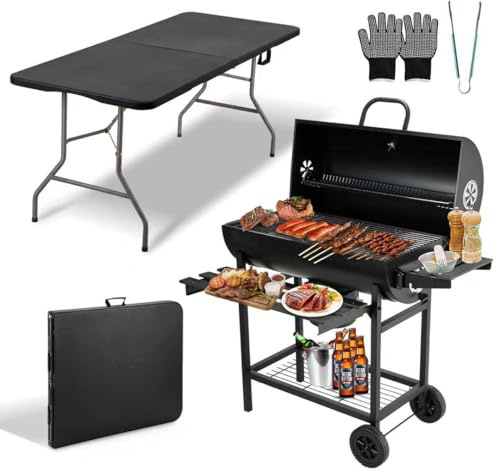 TEENO barbecue au charbon de bois,gants anti-burn barbecue grand format avec table pliante blanche de plein air offerte 180x74x74 cm (Table pliante noire + barbecue au charbon de bois)
