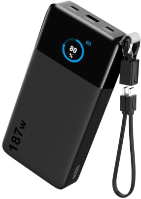 NOBIS Portable Charger 187W 25000mAh Power Bank w/Smart Display APP | 2C+1A Outputs (100W+65W+22.5W), Detachable USB C Cable , Battery Pack for Phones, Laptops, Tablets