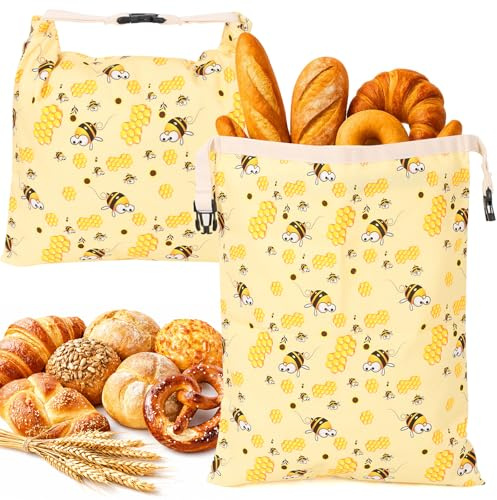 BOBASH 2 Stück Bienenwachs Brotbeutel, Wiederverwendbare Brotsack zum Frischhalten 43cm×33cm, Brottasche mit Reißverschluss und Tragegriff, Bienenwachsbeutel für Brot Sauerteigbrot Backwaren (Biene)