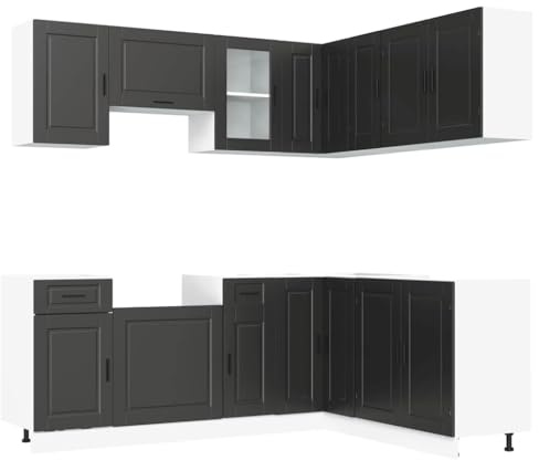 Roanoer 11-TLG. Küchenzeile Porto Schwarz, Küchenblock Einbauküche aus Holzwerkstoff, modernes Küchenschrank-Set mit Eckschrank, Hängeschränken und Spülenunterschrank für viel Stauraum