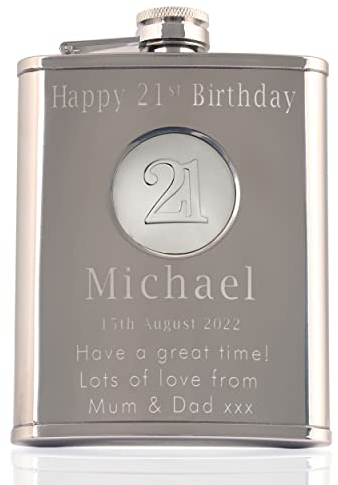 Mens 21st Birthday Stainless Steel Engraved Hip Flask with '21' Feature
