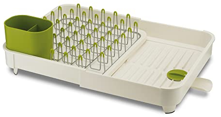 Joseph Joseph Extend - Escurreplatos extensible con soporte para cubiertos extraíble y drenaje giratorio, blanco/verde