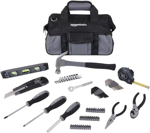 Amazon Basics Juego de herramientas básicas de reparación para el hogar, 65 unidades, con bolsa, plateado, negro
