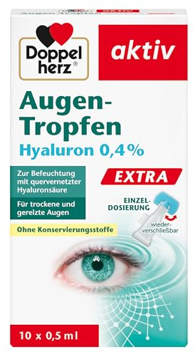 Doppelherz Augen-Tropfen Extra Hyaluron 0,4% - einfach Anwendung | Feuchtigkeitsspendende Augentropfen mit lindernder Wirkung bei trockenen & gereizten Augen – 10 x 0,5 ml