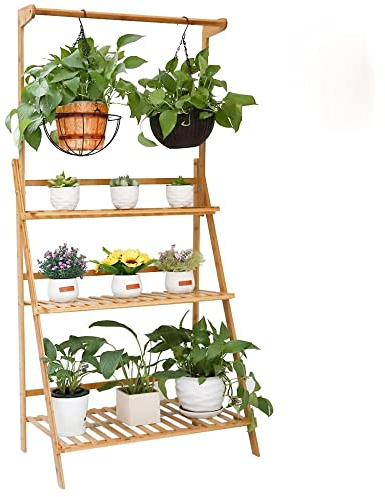medla Blumenregal Pflanzentreppe aus Bambus für mehr Pflanzen und Blumenampel, Blumenständer Klappbar für Innen-Balkon Wohzimmer Outdoor Garten Dekor, ca.70 x 40 x 96cm, Braun