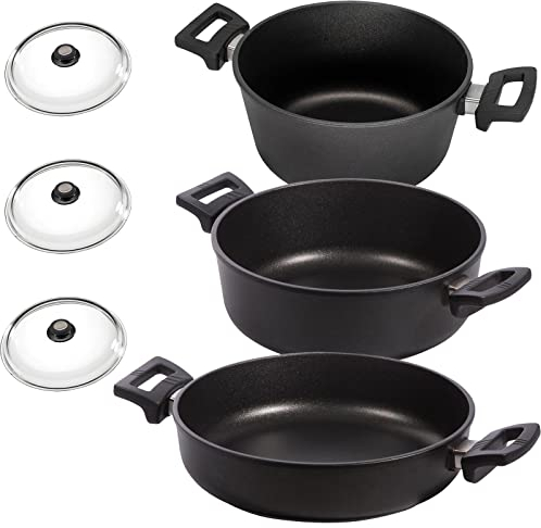 Eurolux Universal-Topf-Set Aluguss beschichtet 6-tlg. - Gusstöpfe inkl. Schmortopf & Kasserolle & Deckel 24/26/28 cm - ohne Induktion - Made in Germany