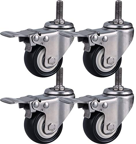 Gewinde M8 / M10 / M12 Lenkrollen für Möbel 1,5/ 2 (50 mm) Edelstahl 304 Halterung Schwerlastrollen 300kg Leise PU mit Bremse kleine Rollen für Tisch Schreibtisch Wagen Kinderbett 4 Stück