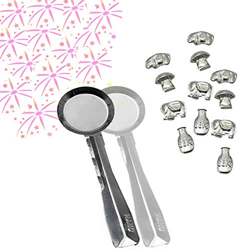 XXL Zinngießen Set Silvester - 5 Löffel, 20 Figuren | Bis 5 Personen für Familie Erwachsene Kinder | Viele Formen, absolut ungiftig als ideale Alternative zu Blei-Gieß Bleigießen Wachsgießen Set