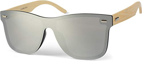 styleBREAKER Unisex Monoglas Nerd Sonnenbrille mit Bambus Bügeln und Polycarbonat Glas, Retro Style 09020112, Farbe:Gestell Hellbraun/Glas Silber verspiegelt