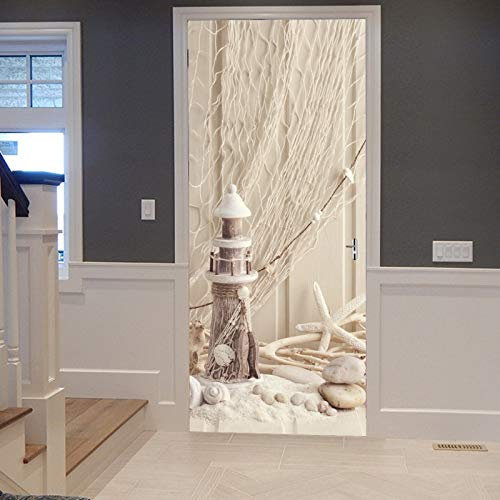 A.Monamour Türtapete Selbstklebend Türfolie Türposter 3D Beige Hintergründe Fischernetz Seestern Holz Leuchtturm Vinyl Folie Türdeko Tapete Wandbild Türaufkleber Türtattoo 90 x 200 cm