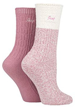 Jeep Ladies Super Soft Cable Knit Boot Socks Pack of 2 Rose/Cream 4-8
