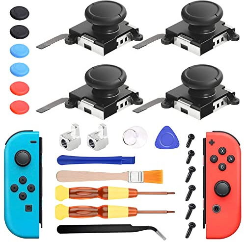Joycon Joystick di ricambio, parti analogiche per Nintendo Switch, Switch Lite e Switch OLED Controller, kit di riparazione Joycon, confezione da 4 bastoncini per pollice, tappi per levette, fibbie in