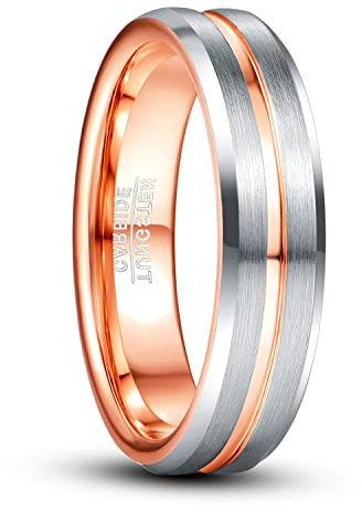 TUNGSTORY Anelli da Uomo Donna 6mm Fede Nuziale in Tungsteno Argento con Scanalatura in Oro Rosa e Bordi Smussati Taglia 20