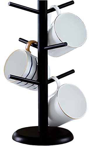 Wociud Dorhors Mug Tree,Mug Hanger Stand,Coffee Cup Holder with 6 Hooks,Wood Coffee Mug Holder for Counter,Coffee Bar Accessories and Decor,Coffee Organizer Station (Balck)