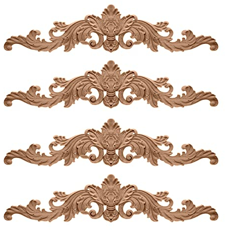 Trsnzul Holz Ornament 4 Stück Holz Schnitzerei Deko Holzornamente für Möbel Lange Geschnitzte Onlay Applique Unlackiert Applique Bastelholz Dekoration für Schrank Möbel Wanddek Bett Dekor