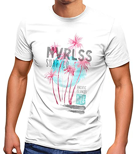 Neverless® Herren T-Shirt Palmen Sommer Strand Surfing Surf Pacific Island Aufdruck Print Fashion Streetstyle weiß XXL