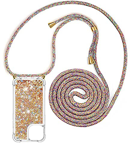 YuhooTech Handykette Hülle Kompatibel mit iPhone 13 Mini Handyhülle Quicksand Glitzer Hülle mit Band - Silikon Handyhülle mit Kordel Umhängenband - Schnur mit Treibsand Case zum Umhängen