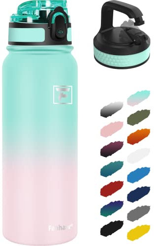 Fanhaw 600ml Trinkflasche Edelstahl mit 2 Deckel (Chug Deckel & Karabiner Deckel) - Für Schule, Kinder, Frauen, Männer | Auslaufsicher & Schweißfest mit Anti-Staub Deckel (Grün Rosa)