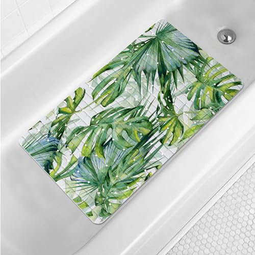 Green Palm Leaf Bathtub Mat Non-Slip 15x27 Tropical Bath Mat With Drain Holes Suction Cups Washable Botanical Monstera for Tub Shower Bathroom