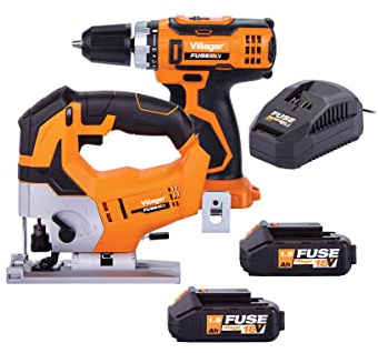 VILLAGER Fuse 18V Akku-Bohrschrauber & Stichsäge Set – Modell VLN 3220 + VLN 1120 – inkl. 2× 1,5 Ah Lithium-Ionen Akkus, 2,4 A Schnellladegerät und Zubehör