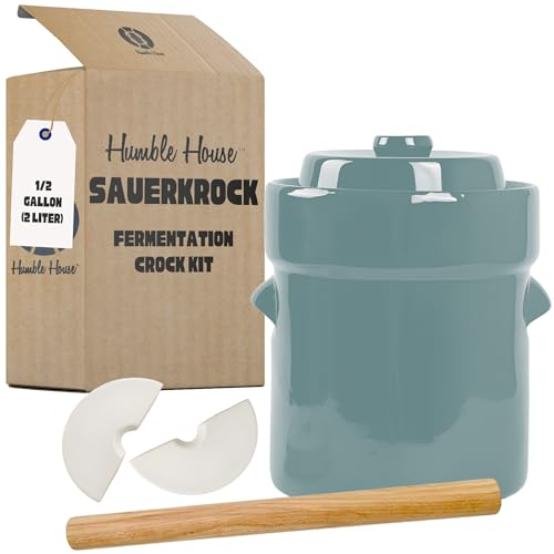 Humble House Pot de fermentation pour choucroute avec couvercle poids et livre – Kit de fermentation en céramique verte pour mariner le chou, le kimchi et les légumes, pot de fermentation de 2 litres