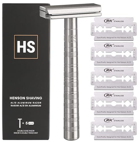 Henson Shaving Razor – Aluminium-Sicherheitsrasierer mit 5 Ersatzklingen – 30° abgewinkelte Präzision mit überlegener Klingensteifigkeit – wiederverwendbare Einklingen-Rasierer für Männer und Frauen