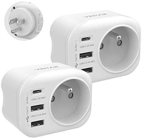 VINTAR 2PC Adaptateur Prise Americaine USA Canada Française Adaptateur de Voyage avec 2 USB-A et 1 USB-C 3A, Adaptateur Prise France vers USA Canada Mexique Thaïlande, Type B