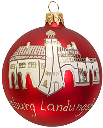 mgc24 Weihnachtskugel Christbaumkugel Baumschmuck Glas handbemalt Ø 8cm - Motiv Hamburg Landungsbrücken, rot