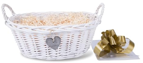 Greenleaves Wicker Basket Newborn Baby Gift Hamper Retail Display Basket Christmas Basket (White), Top 36 x 28 x 15 cm/Base 28 x 20 cm (BH1001)