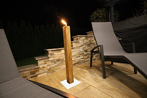 Gartenfackel aus Eiche - Nachfüllbar - Handarbeit - Terrassenfackel / Ölfackel / Balkonfackel inkl. Kindersicherung und Glasfaserdocht (weiß, 90cm)