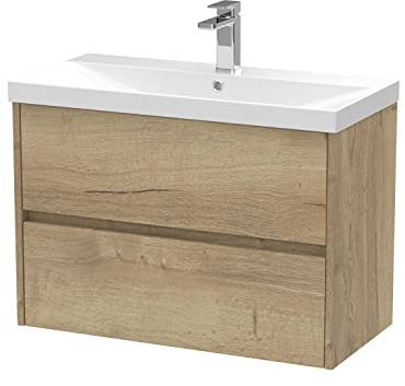 Hudson Reed HAV806D Havana Modern Bathroom Wall Hung 2 Drawer Vanity Basin Unit & Thin-Edge Ceramic Basin, 800mm, Woodgrain Autumn Oak