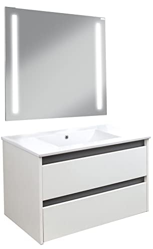 BadeDu BYK Badmöbel Set mit Waschbeckenunterschrank, Waschtisch und LED-Spiegel – Unterschrank mit wechselbarer Blende in Weiß, Holz braun und Schwarz/Anthrazit – 80cm breit