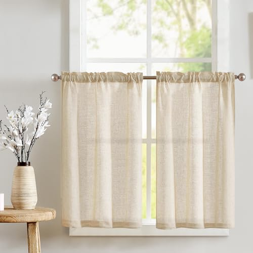 TOPICK Scheibengardinen Leinenmischung Bistrogardine für Wohnzimmer Küche Kleine Fenster Halbtransparent Lichtfilterung Kurz Gardinen Landhaus Scheibengardinen Tunnelzug 2er Set 65x115 cm Natur