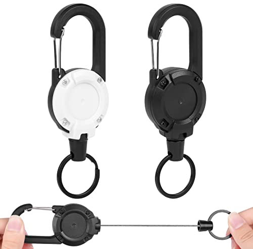 Vicloon Bobine de Badge, 2pcs Porte Badge Enrouleur Robuste, Porte-clés Retractable, Mousqueton pour Pantalons et Ceintures Clés de Carte D'Identité - Noir & Blanc