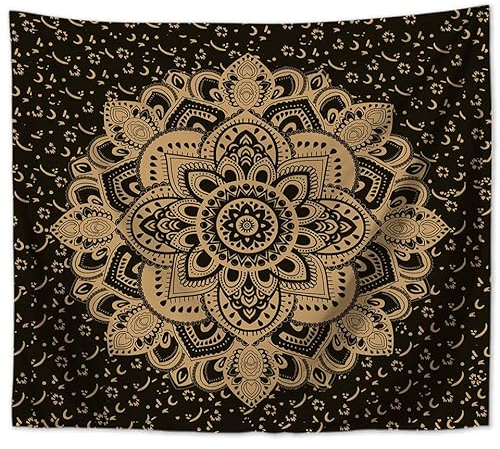 MT Majami Wandbehang Mandala indisch 200 x 150 cm Schwarz Gold Polyester Wandtuch Wandteppich Tapisserie Hippie Retro