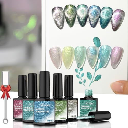 Kredioo Auroras Cat Eye Gel Nail Polish, 6 Colors Magnetic Galaxy Gel Nail Polish Holographic Cat Eye with Magnet, Snowlight LED UV Gel Polish, Dark Black Gel Polish Base Needed