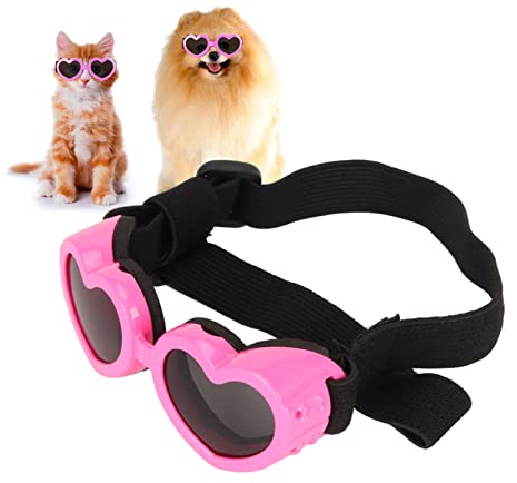 Qcwwy Hundesonnenbrille, UV-Schutz, Hundesonnenbrille mit Verstellbarem Riemen, Wasserdicht, Winddicht, Verhindert Beschlagen, HD-Linse, Herzförmige Haustier-Sonnenbrille für Welpen,