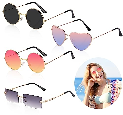 Pinkswan 4 Paar Hippie Sonnenbrille, Runde Retro Party Brillen, Herz Brille und Rechteck Randlose Sonnenbrille, für Kostümzubehör, Rock Party Accessoires, Festival Brille, Reisen, Fotografie