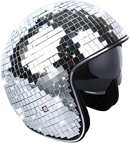 Disco Ball Helmet with Retractable Visor Silver Glitter Mirror Glass Disco Ball Hat Helmet for Women Men DJ Club Stage Bar Party Wedding