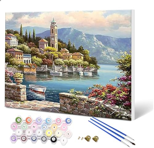 Fuumuui Peinture par numéros pour débutants adultes et enfants avec cadre, pinceaux et peintures acryliques, 40 x 50 cm, paysage, château
