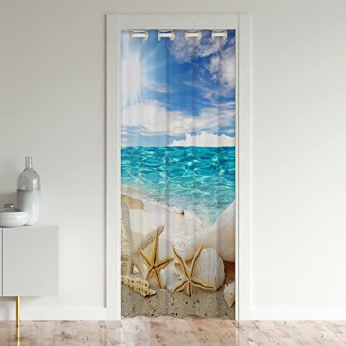 Loussiesd Ozean Shell Türvorhang 150x203cm für Tür Privatsphäre Strand Küsten Zimmer Gardinen für Couch Schlafzimmer Umkehrbar Hawaiian Strand Marine Life Sea Sky Blau Raumteiler Vorhänge